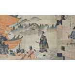 19th century Chinese school - A warrior and and emperor in pagoda landscape, signed with various