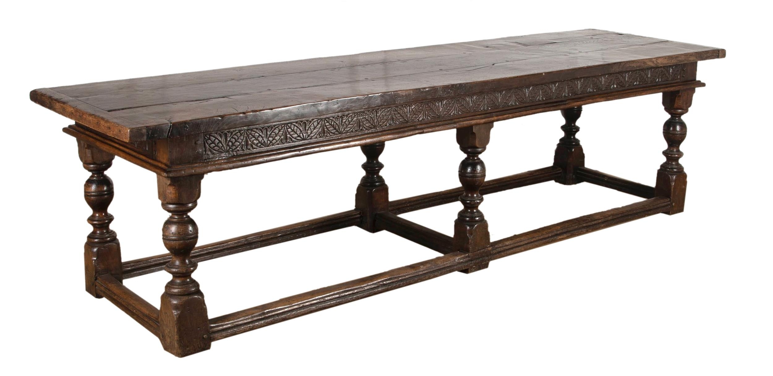 Impressive 17th century style refectory table, thick oak top over a carved floral frieze and six - Bild 4 aus 4