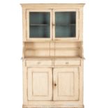 19th century French pine buffet deux corps, with original paint, raised back with glazed doors, base