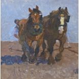 Follower of Gilbert Holiday (1879-1937) - working shire horses, monogrammed GH, oil on canvas laid