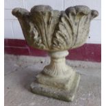 Reconstituted stone pedestal urn, with acanthus bowl and stepped square base, 50 x 50cm
