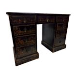 19th century twin pedestal desk, with lacquered chinoiserie and gilt decoration, gilt tooled leather