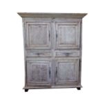 Large and impressive French oak linen press, with original paint, four cupboard doors and two