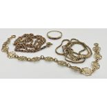 Four 9ct gold items consisting of a snake link chain, a rope twist chain, a stylised link bracelet