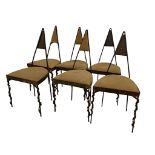 Good set of six early wrought iron brutalist dining chairs, with stylised barleytwist type front