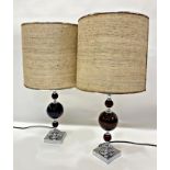 Pair of mid-century Italian bakelite and chrome table lamps with woven shades, 82cm high inc.