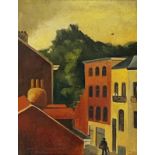 Aubin Pasque (1903-1981, Belgian) - Continental townscape with two figures, signed, oil on board,