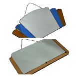Two Art Deco bevelled glass mirrors, one fan shaped mirror with copper and blue glass panels, the