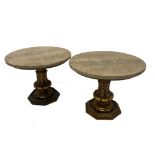 Pair of French Empire style marble-top side tables, the circular tops upon acanthus baluster columns