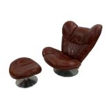 Exceptional quality Mid-century stitched leather swivel lounge chair and footstool, on chrome