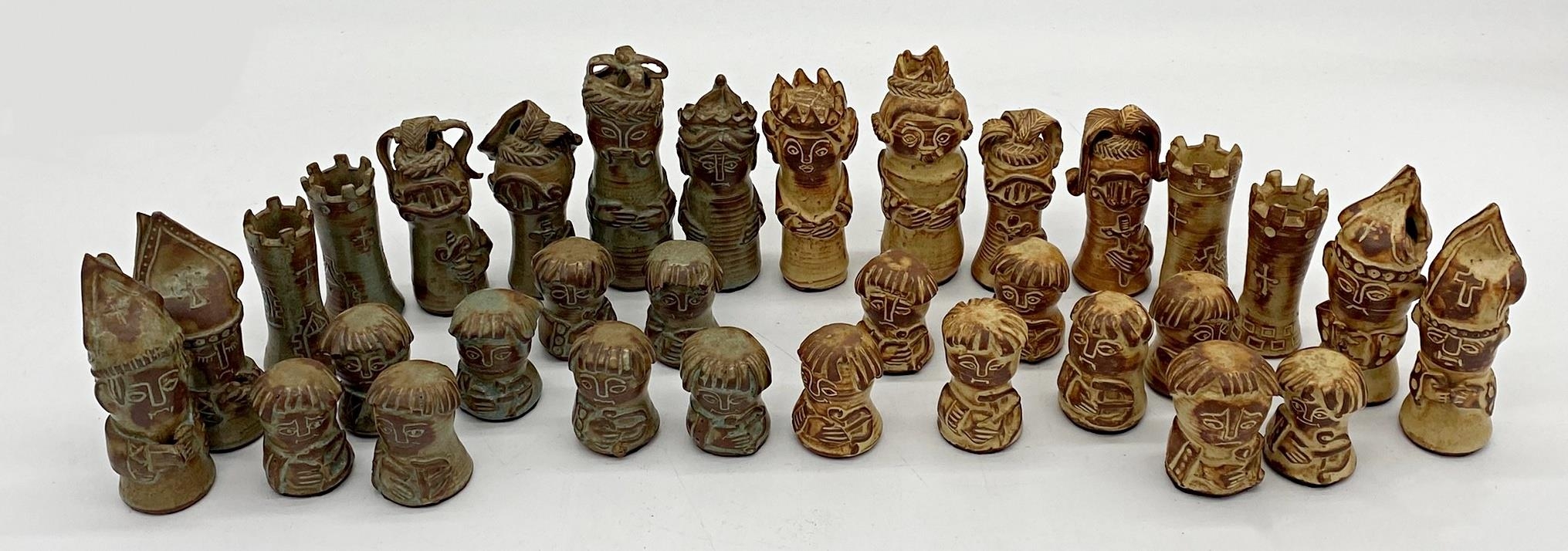 Charming studio pottery complete chess set, height of king 10cm