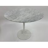 Eero Saarinen style tulip table with a white marble top on a white tulip base, 76cm high x 90cm