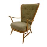 Ercol light elm Windsor lounge chair, with typical stick back and tweed type upholstery