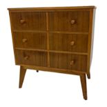 Alfred Cox walnut and teak chest of drawers, three long drawers on four splayed square legs, 87cm