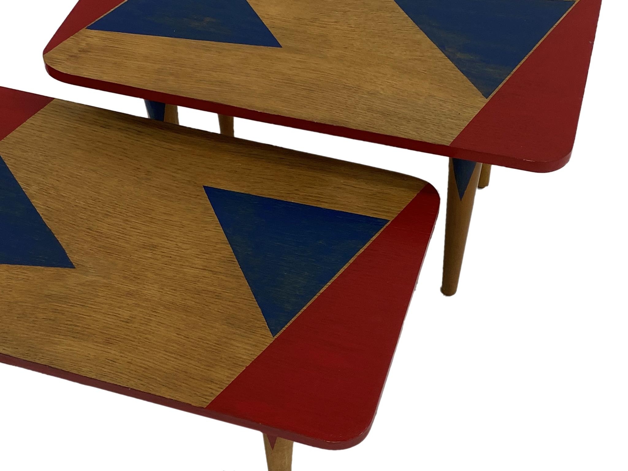 Fun pair of 1950s painted oak small tables, 34cm high x 60cm long (2) - Image 2 of 3