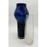Good quality tall Danish glass vase, with blue exterior and opaline interior, 42cm high with a