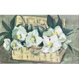 20th Century school - Still life of flowers in a basket, monogramed JC, oil on board, 16cm x 26cm,