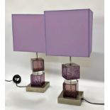 Unusual pair of Italian mid-century table lamps with chrome bases and two lilac stacked Lucite