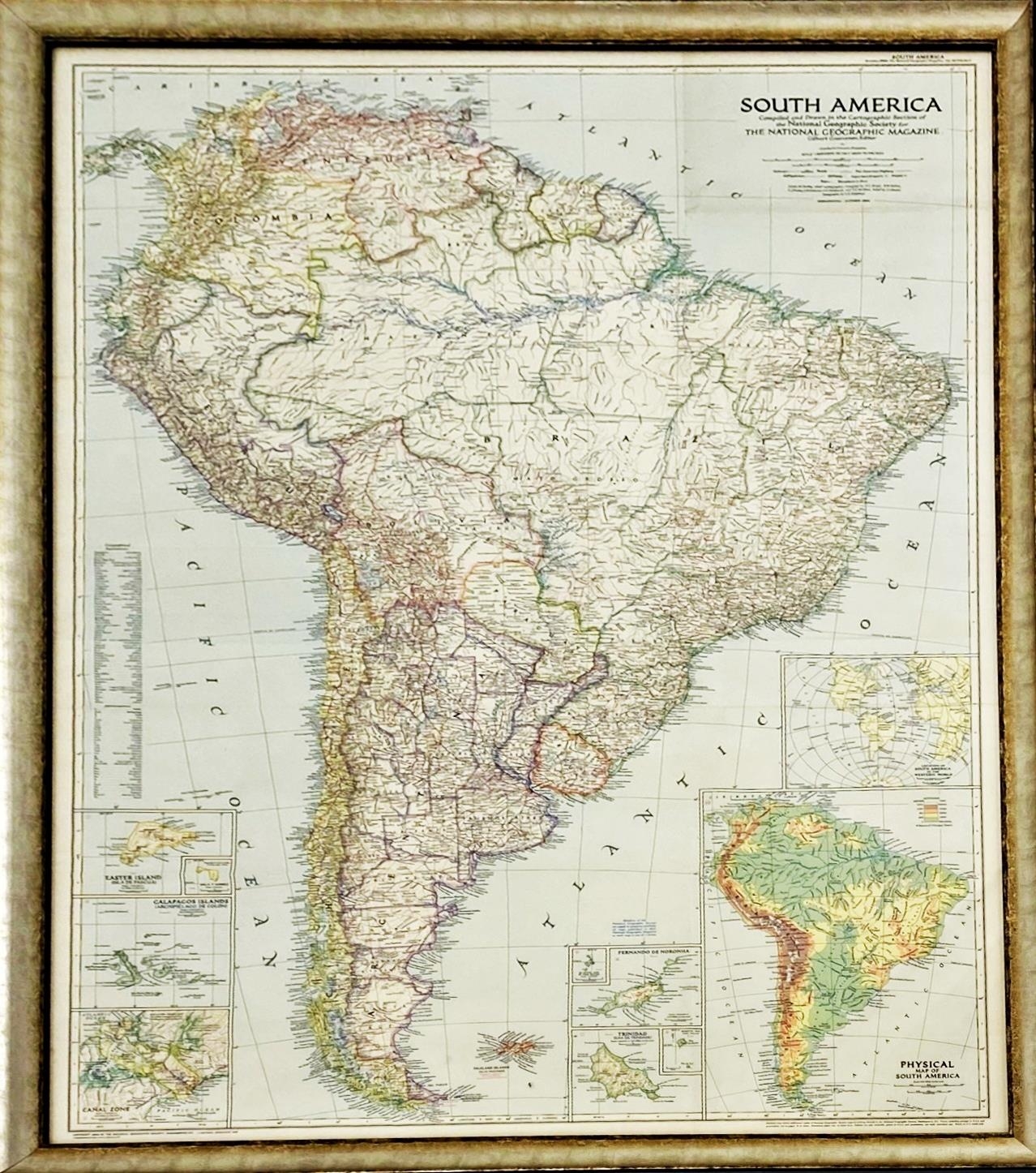 1950's National Geographic map of South America, 100cm x 70cm, framed