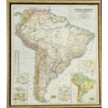 1950's National Geographic map of South America, 100cm x 70cm, framed