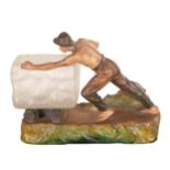 Rare Art Deco figural plaster lamp, in the form of a working man pushing an ice block, 36cm high x