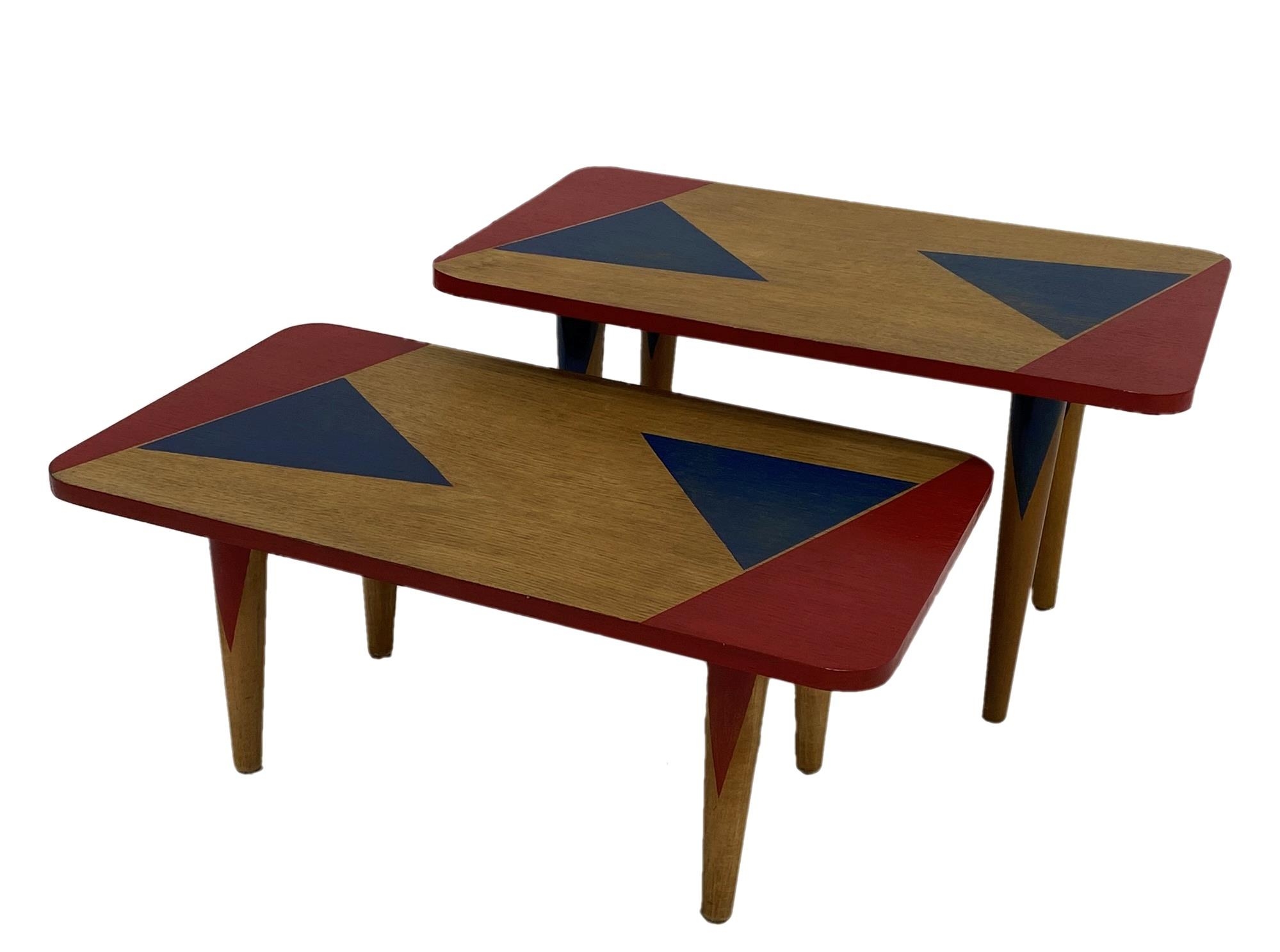 Fun pair of 1950s painted oak small tables, 34cm high x 60cm long (2)