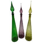 Good pair of vintage apothecary large glass decanters in amethyst and emerald glass, with