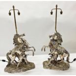 Large striking pair of silvered cast bronze Marly horses, converted to table lamps, signed