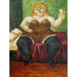 After Fernando Botero (b.1932, Colombian) - Lady with banana, monogrammed MT?, oleograph, 54cm x