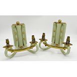 Pair of 1950s twin branch wall lights, enamelled green and brass, 25cm wide x 24cm high