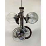 Danish Mid-century chrome and teak pendent light, four smoked glass globes with further teak