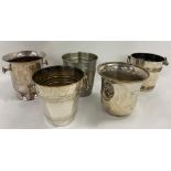 Five various white metal, twin-handled champagne or ice buckets, in pewter and silver plate (5)