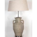 Unusual archaic sea encrusted twin handled baluster vase, converted into a table lamp, with new