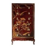 Chinoiserie lacquered tallboy with gilt birds amidst blossom on an oxblood red ground, 146cm high