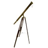 Large brass lacquered telescope on a telescopic tripod stand, 160cm high approx