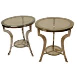 Good quality pair of heavy gauge chrome and toughened glass side tables, 66cm high x 61cm