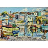 20th Century French school - A harbour landscape, indistinctly signed, oil and thick impasto,