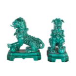 Pair of Mid-century Bondia Spanish ceramic green glazed dogs of Foo, 42cm high x 34cm deep