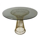 Hollywood Chic pair of gilt brass glass top centre tables, circular tops on flared spindle frames,