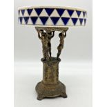 Interesting porcelain and spelter tazza, the raised dish with geometric and gilt decoration held