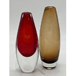 Scandinavian red glass vase, with signed base plus another by Hadeland Norway (2)