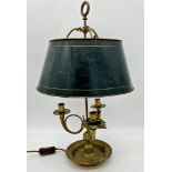 Good quality brass and toleware lamp, with three branch candelabra under a twin electric fitting