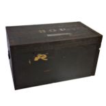 Good antique naval ebonised merchants chest, steel bound, the hinged lid inscribed H.G.P. and S.