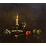 20th century school - still life of candlelit table with fruit and wine, signed Payton, oil on