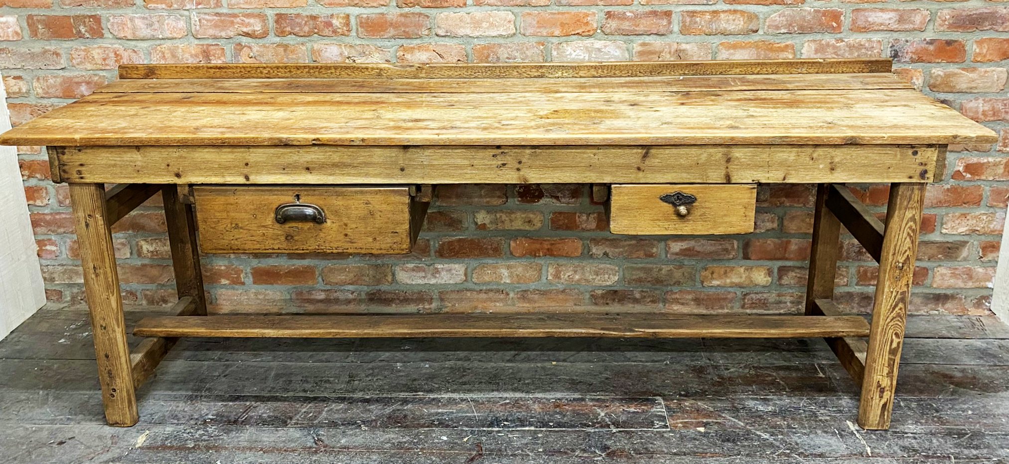 Victorian pine work or side table, raised back and panelled top, fitted with two drawers, 224cm long - Image 2 of 6