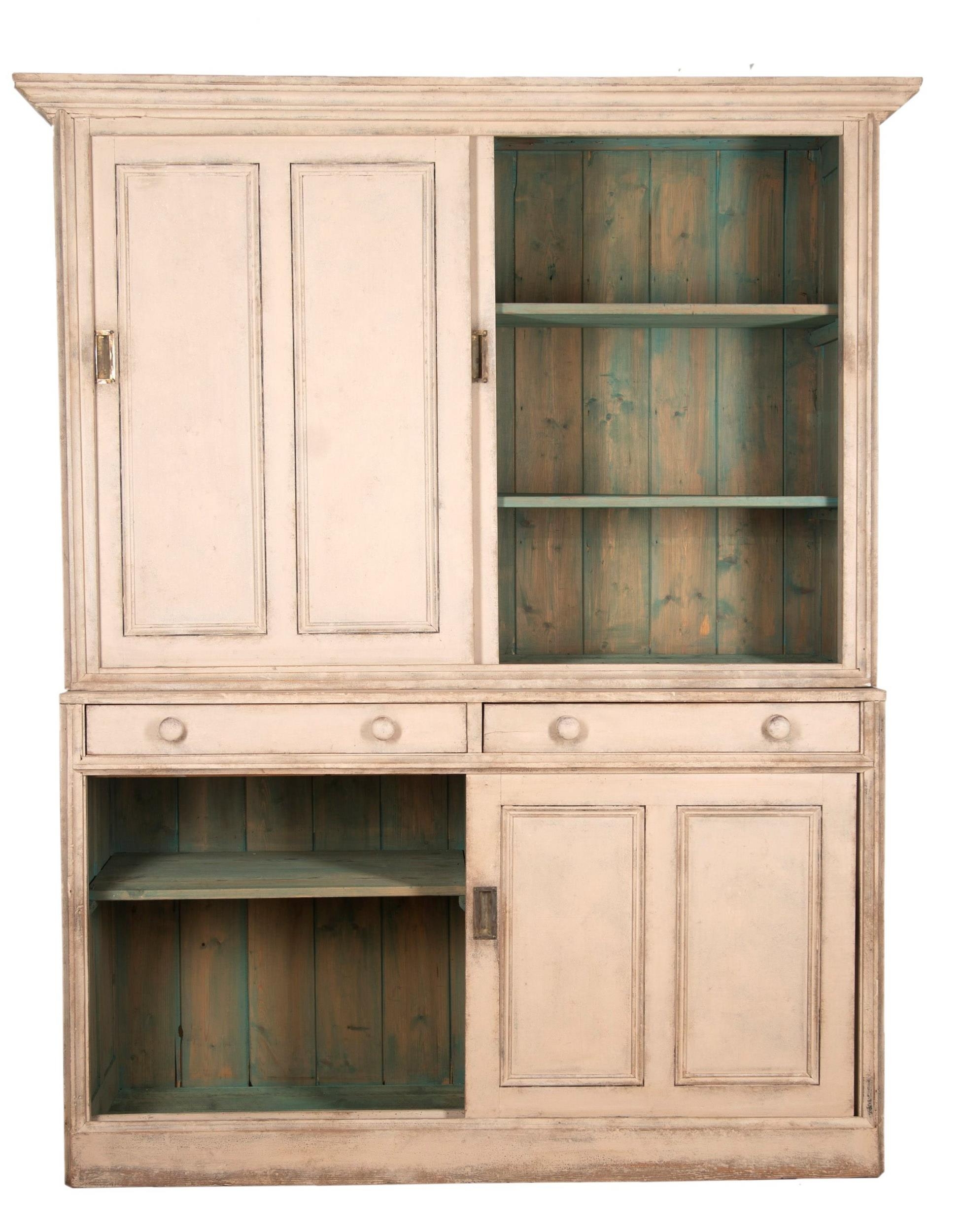 19th century painted housekeepers cupboard, the raised back with two slide doors enclosing a shelved - Image 2 of 2