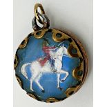 A base metal fob with a painted and intaglio cut glass panel to both sides depicting a soldier