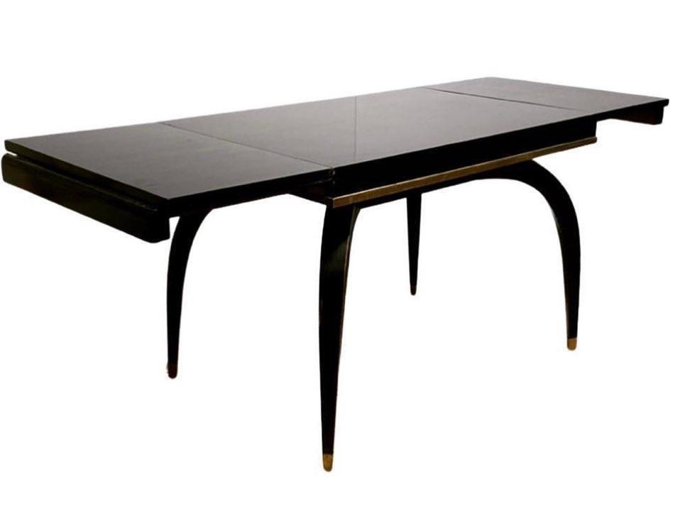 French Art Deco metamorphic dining table, black lacquer over mahogany with brass detailing, - Image 2 of 2