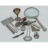 Mixed good bijouterie silver to include silver handled magnifying glass, bottle spout, 835 German