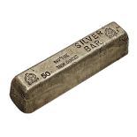 999+ fine 50 troy ounces silver bar bullion, with religious crest, 15cm long